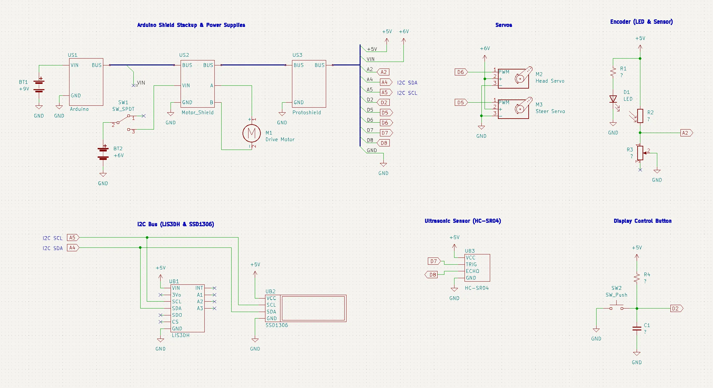 RoverBot's full schematic: Arduino shield stack with dual supplies, head and steer servos, encoder LED and sensor pair, I2C bus (LIS3DH, SSD1306), HC-SR04, display button.