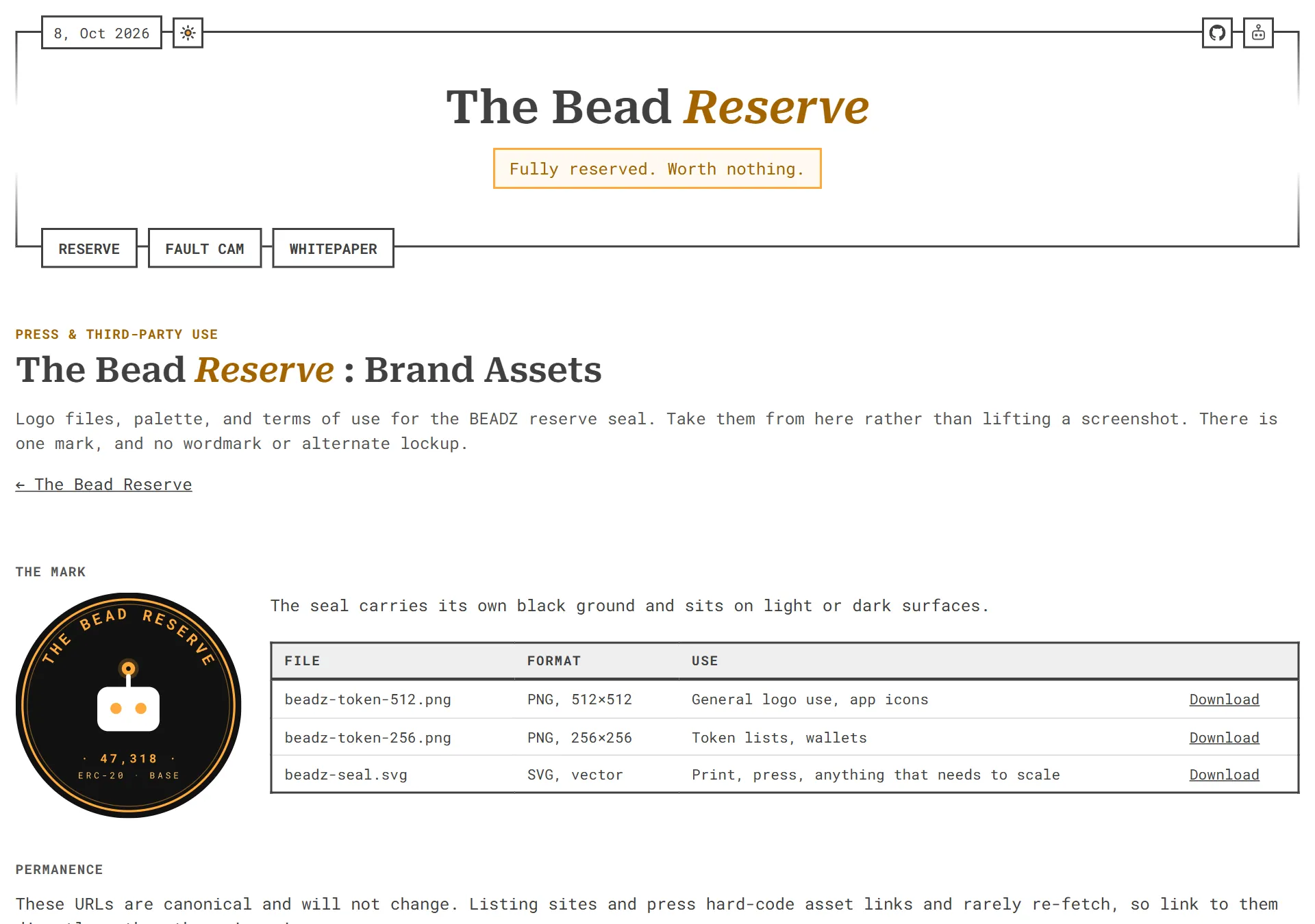The brand assets page: the seal, a black disc ringed with THE BEAD RESERVE around Henry the robot, with download links for the PNG and SVG files.