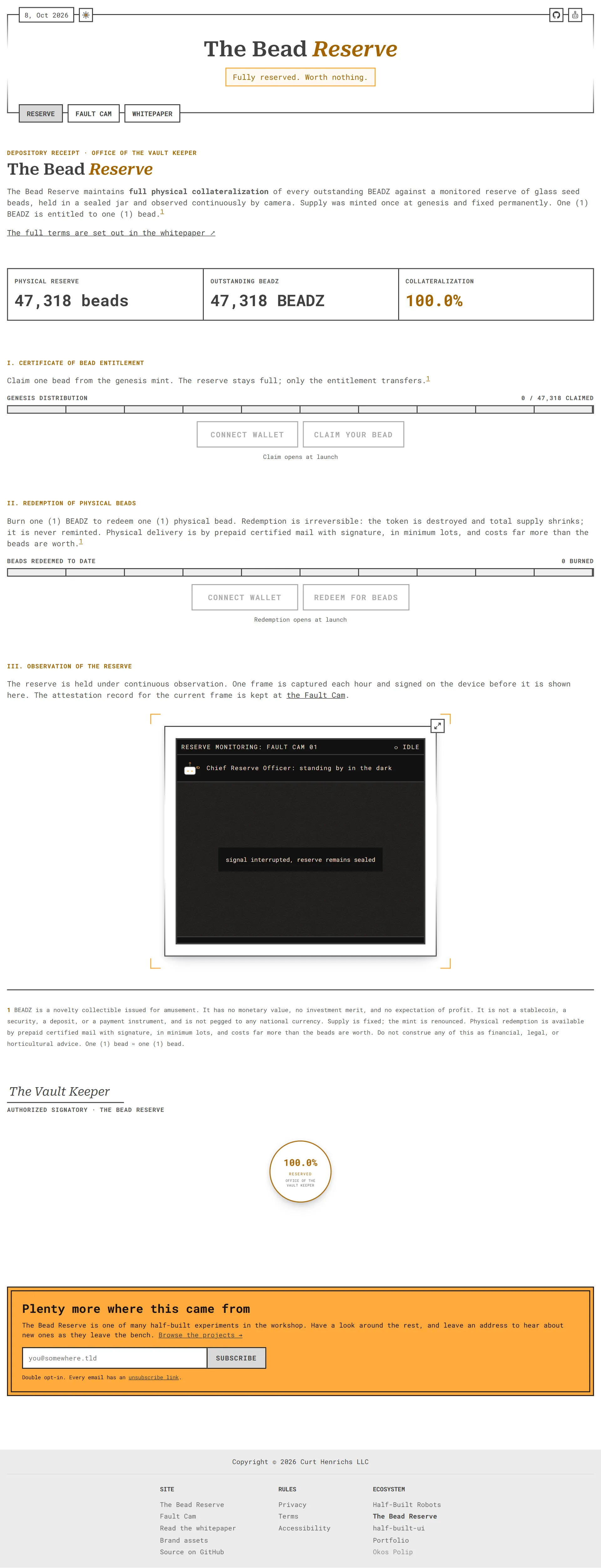 The Bead Reserve home page in the light theme: the header, a ledger reading 47,318 beads, 47,318 BEADZ, and 100.0%, disabled claim and redemption panels, the dark reserve monitor, the fine print, the Vault Keeper's signature, the seal, and an orange newsletter band.