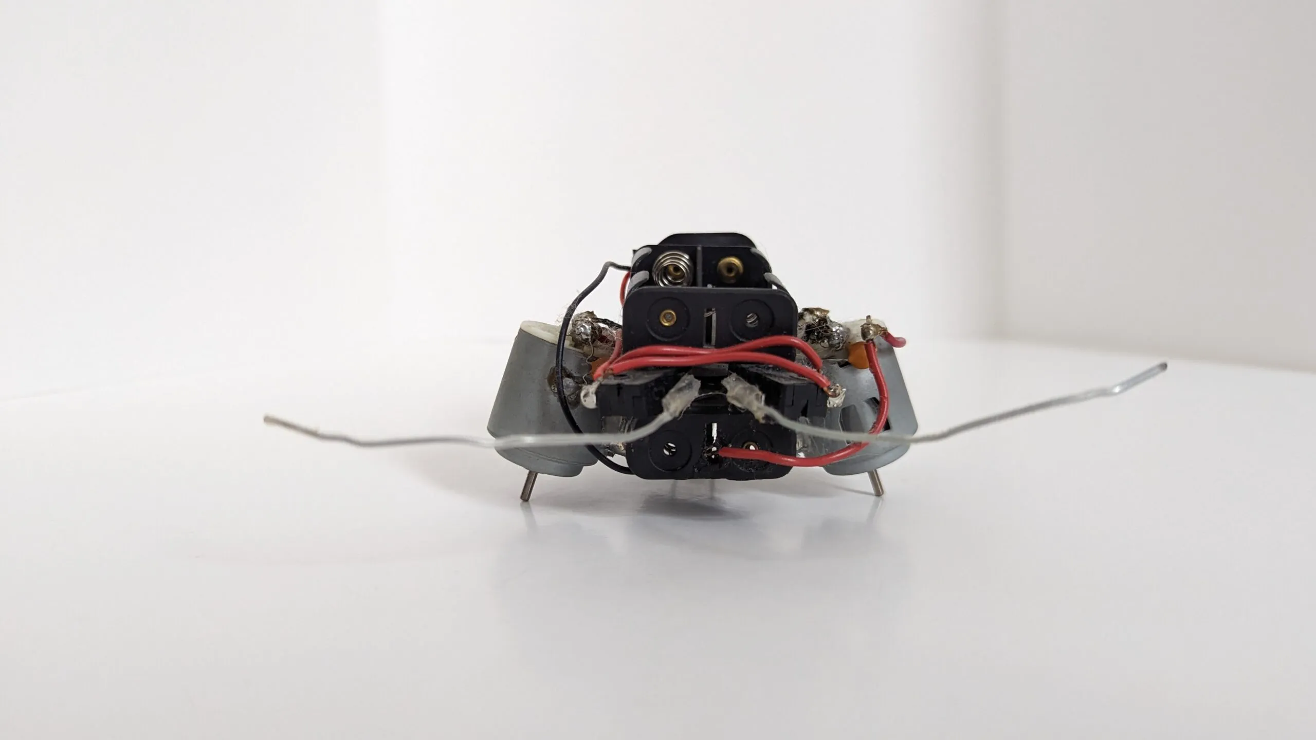 Front view of a Beetle at table level, motor shafts for legs and wire feelers spread wide.