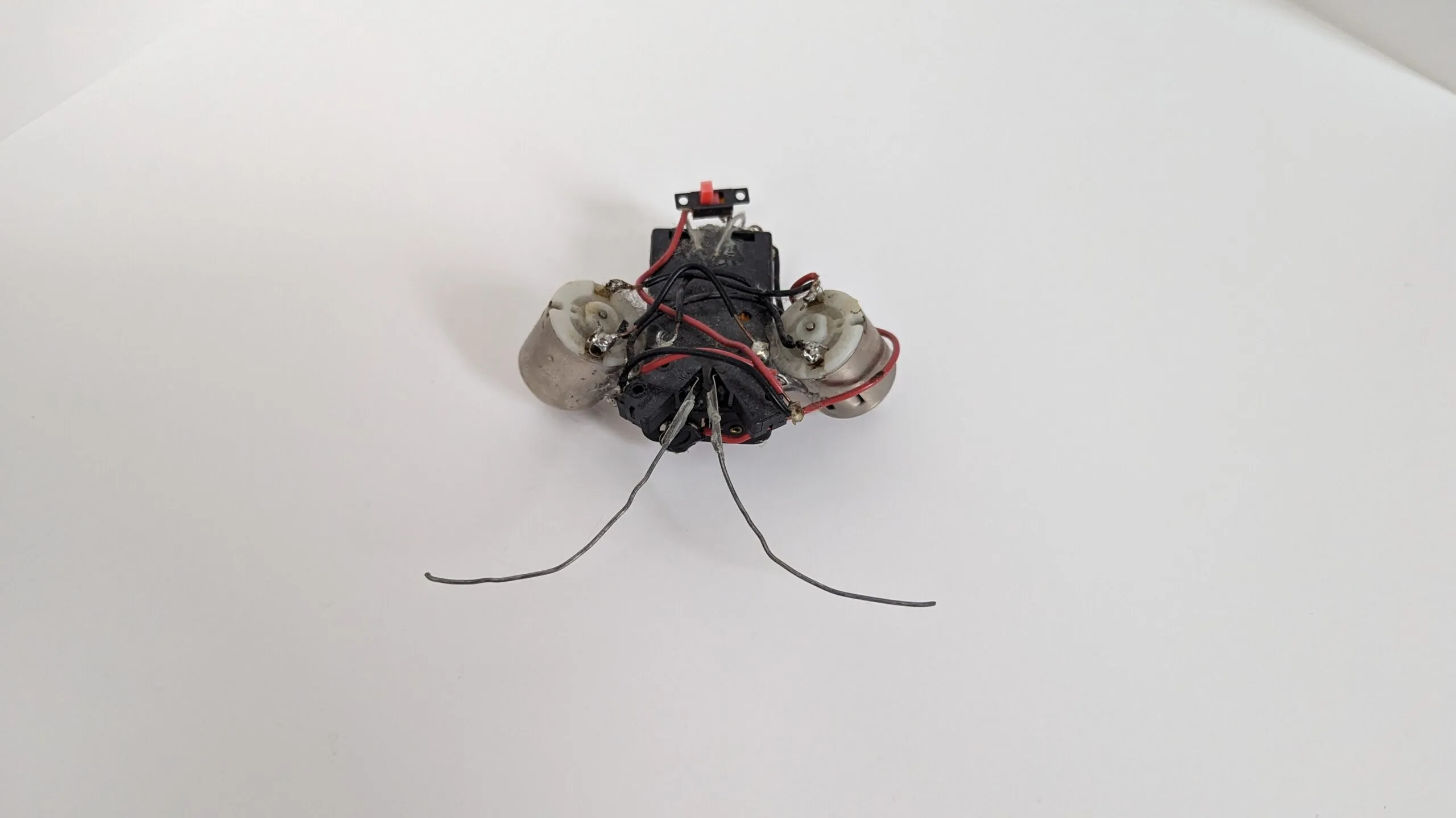 Rear three-quarter view of a Beetle, red power switch at the tail and wire feelers reaching ahead.