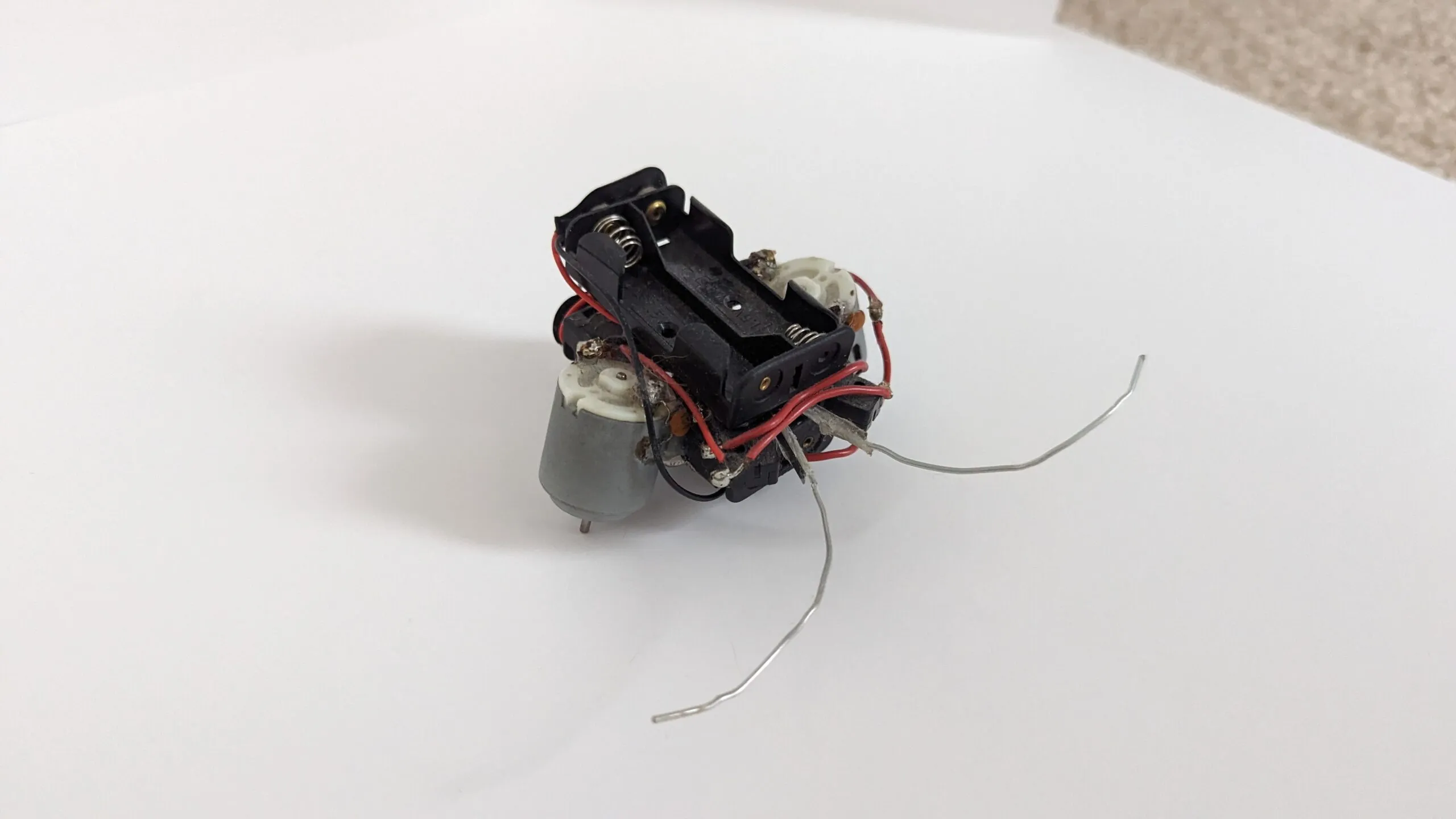 Rear view of a Beetle showing the empty AA battery holder that doubles as its chassis.