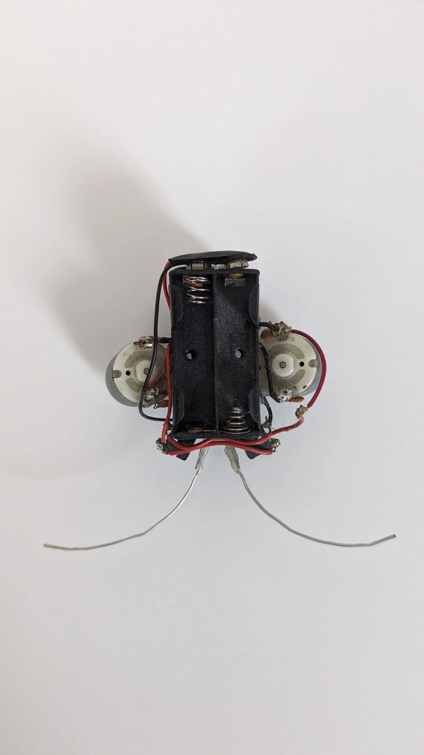 Top view of a Beetle with the empty two-cell battery holder centered between its motors.