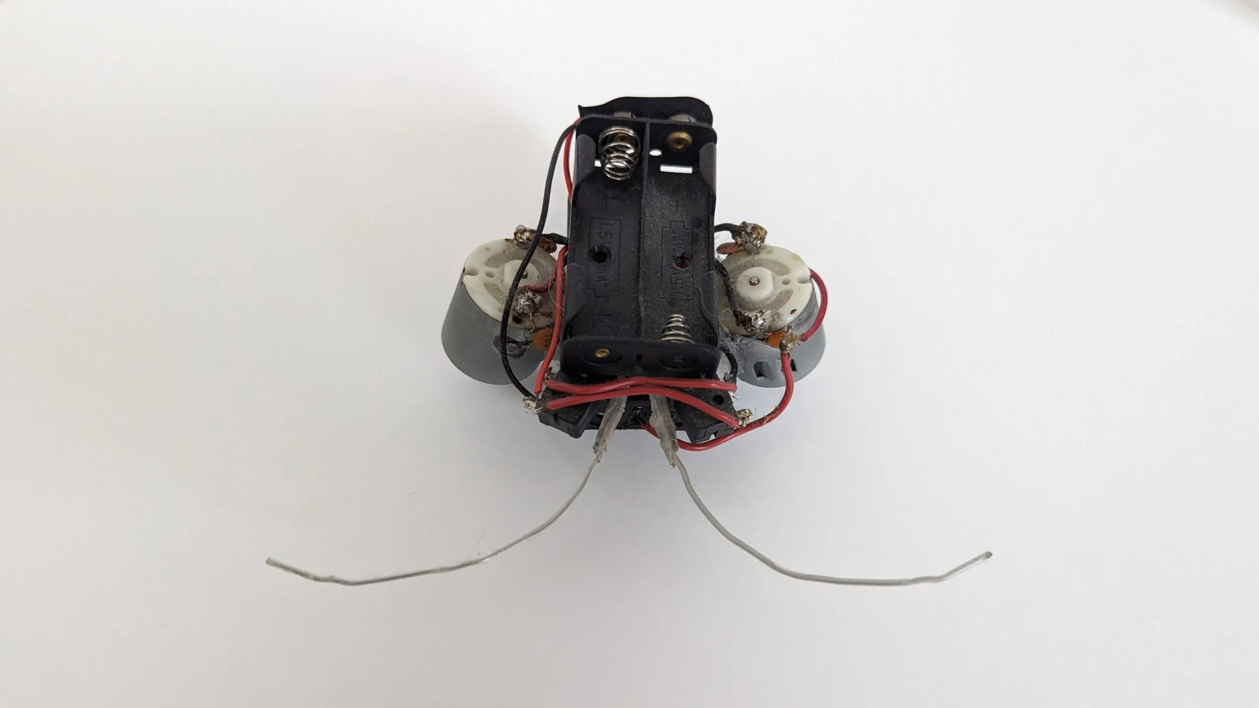 Top-down view of a Beetle, motors flanking the battery holder, feeler wires trailing back.