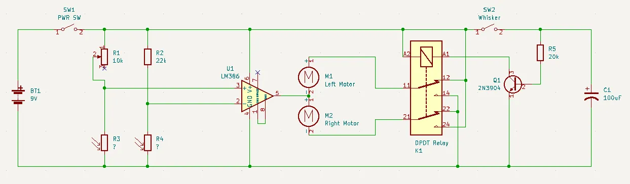 Herbie schematic: an LM386 compares two photoresistors to steer the twin motors, with a whisker switch and DPDT relay for reverse.