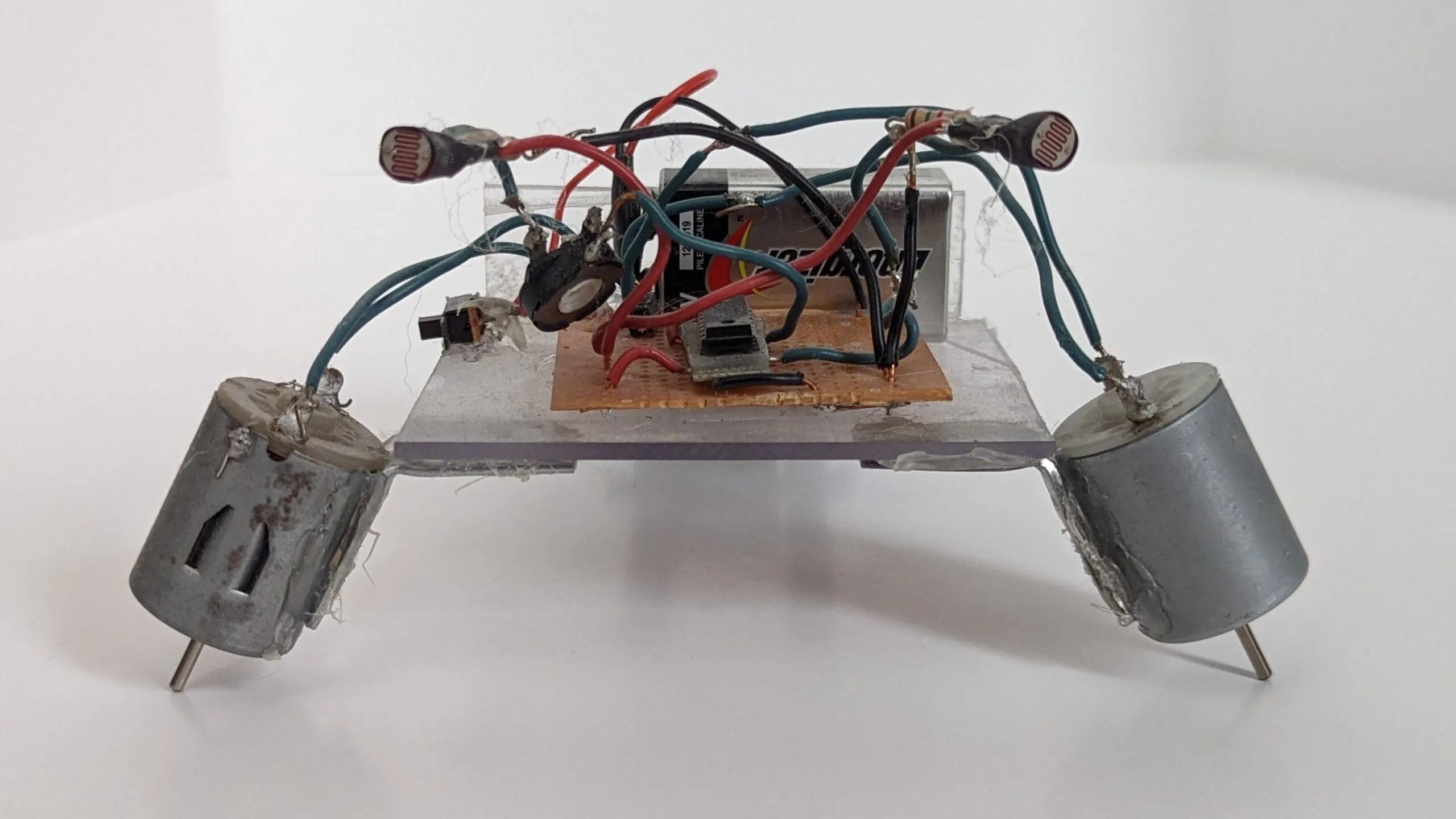 NoBB head on: photoresistor eyes held high on their leads, motors planted wide like ski poles.