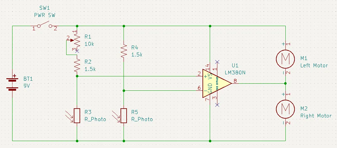 NoBB schematic: an LM380N compares photoresistors R3 and R5 to drive the left and right motors from a 9V.