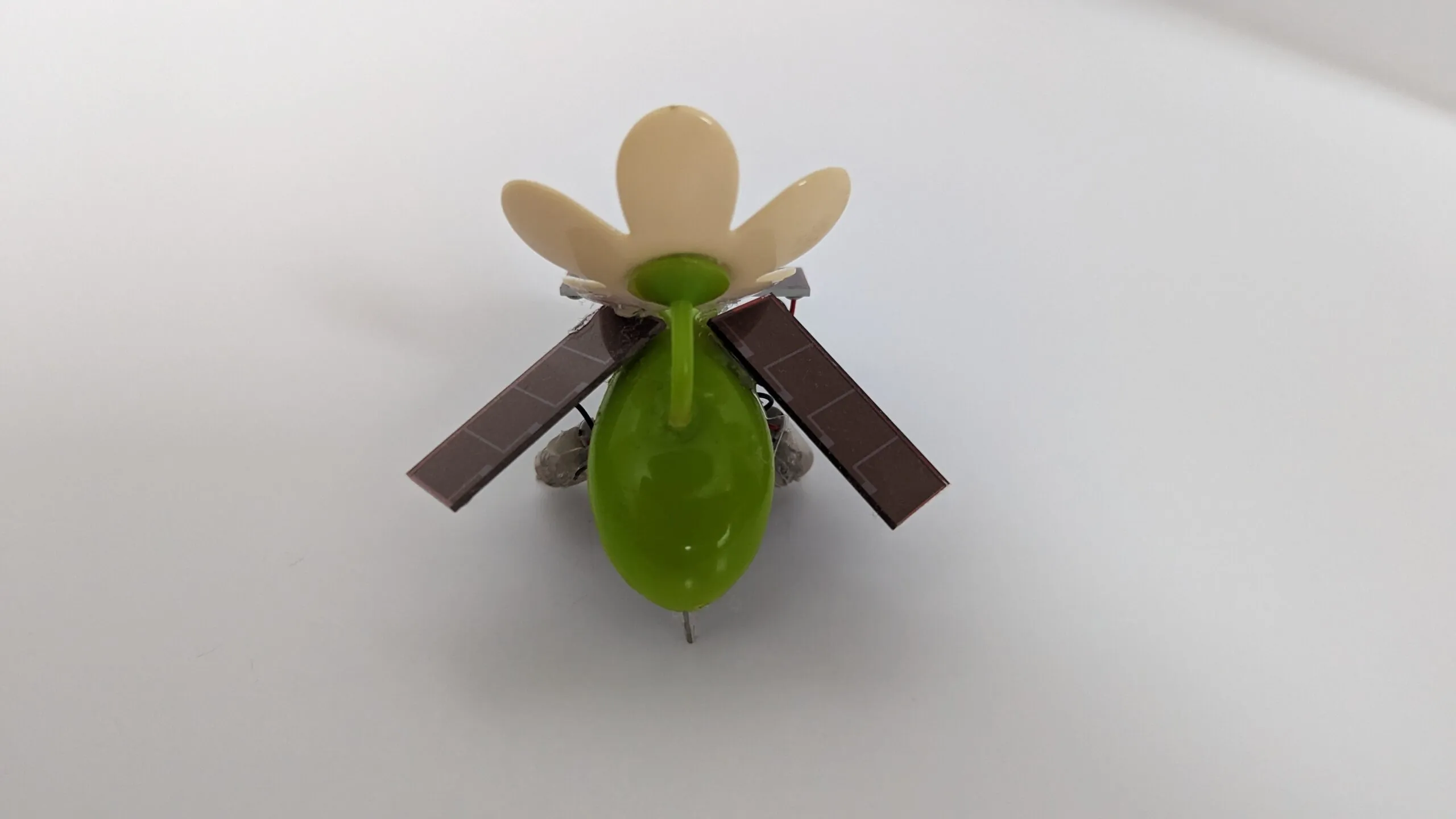 SymFlower v2 from the back, solar wings drooped like a resting moth around the green pod.