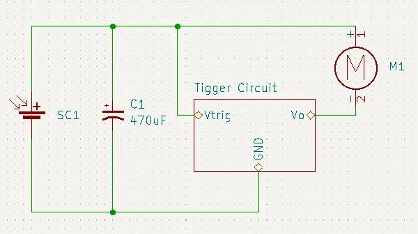 SymFlower v0 schematic: solar cell and 470 uF cap feeding a trigger-circuit block that fires the motor.