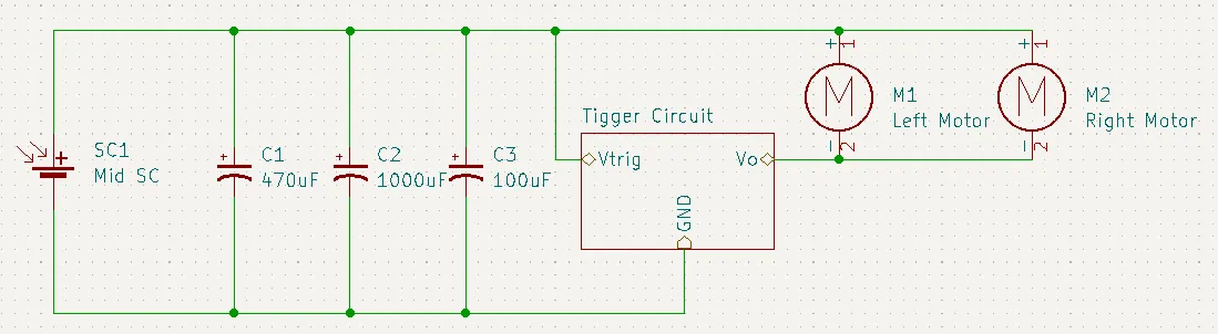 SymFlower v1 schematic: one solar cell into a three-capacitor bank (470/1000/100 uF) triggering left and right motors.