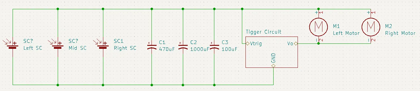 SymFlower v2 schematic: three solar cells feeding the capacitor bank and trigger circuit driving both motors.