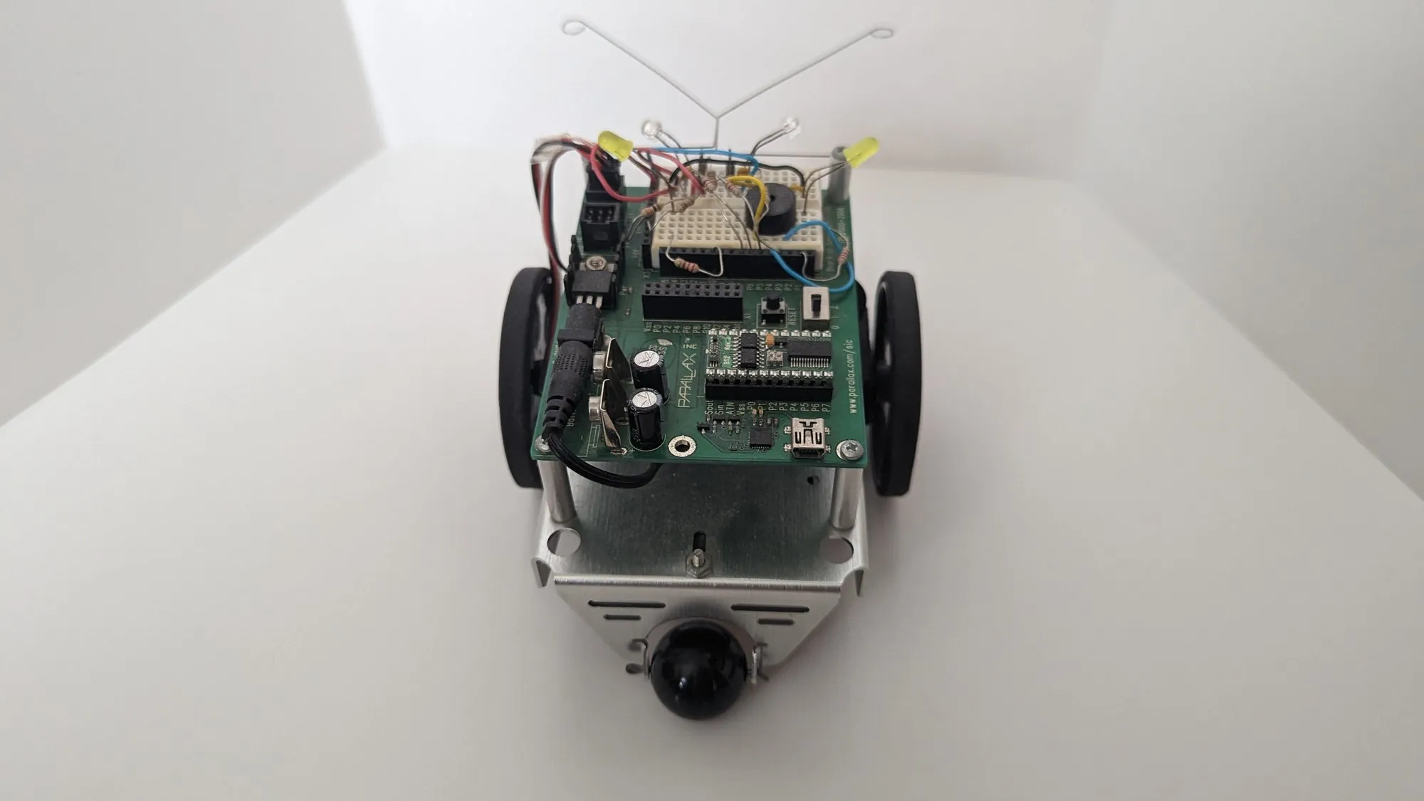 Rear three-quarter view of the BOE-Bot from above, whiskers raised, the polyethylene tail ball under the chassis.