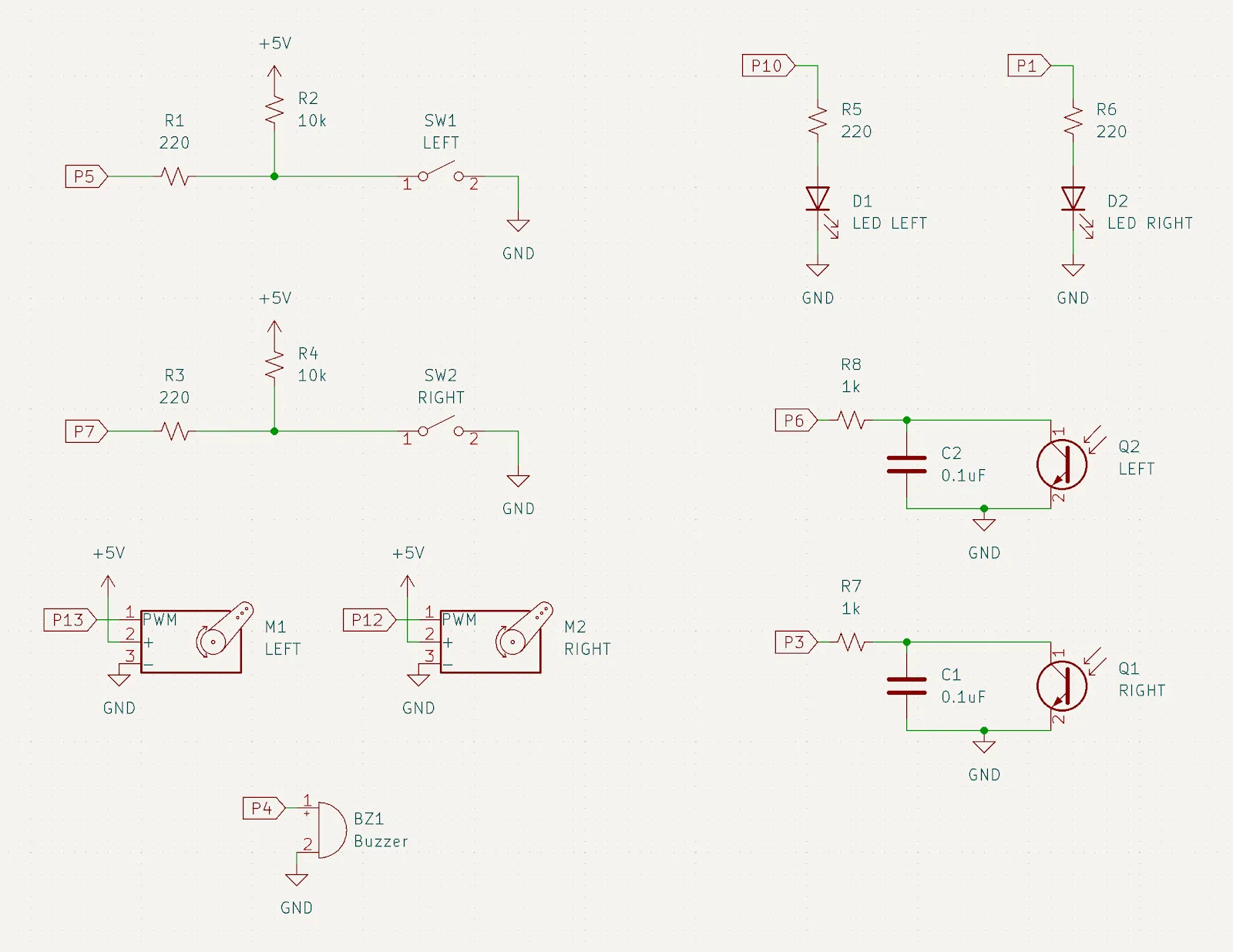 The BOE-Bot circuits redrawn in KiCad: whisker switches, indicator LEDs, servos, buzzer, and the phototransistor RC pairs.