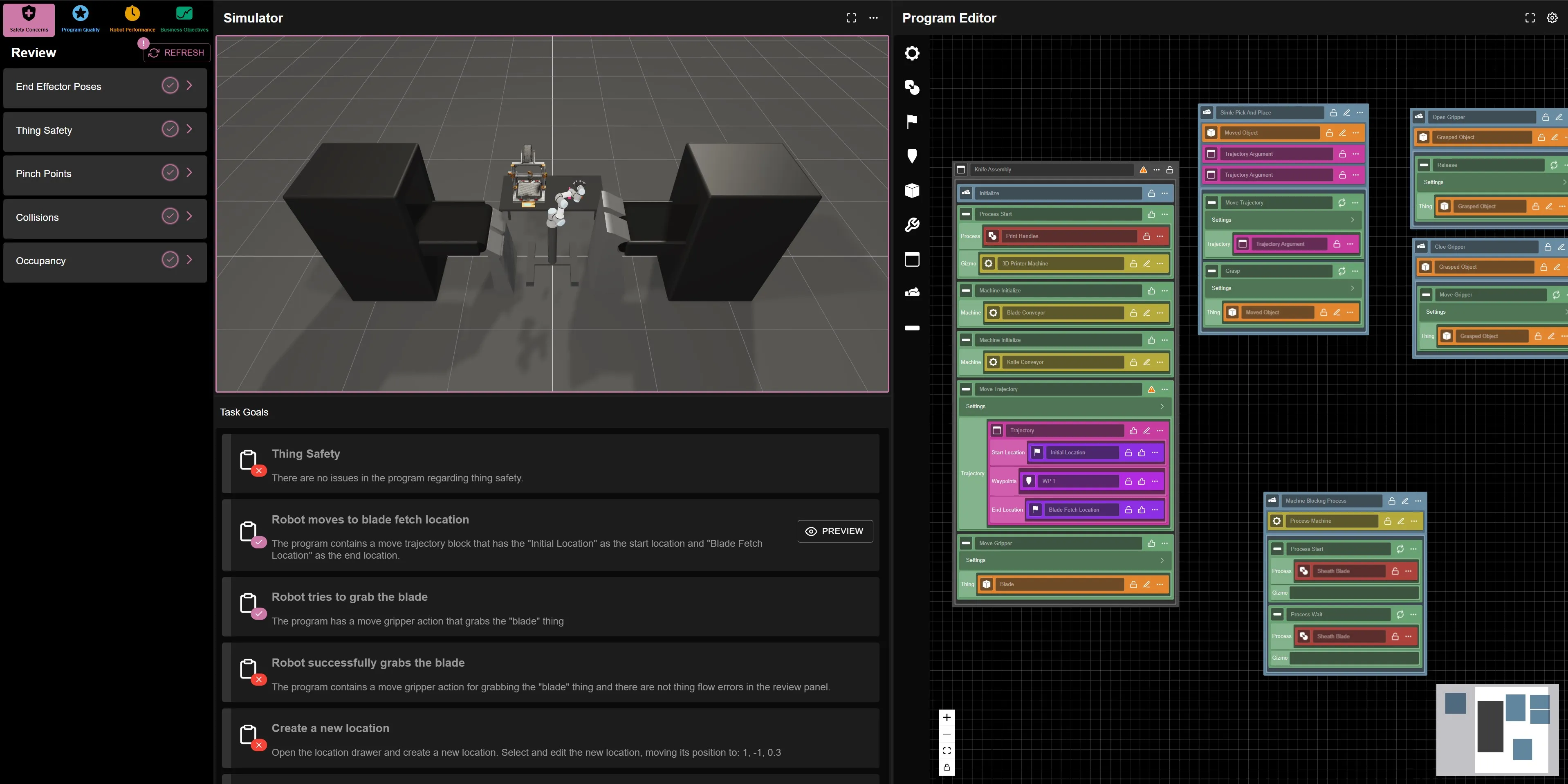 CoFrame's interface: the simulator and task goals on the left, the tile-based program editor on the right, and the review panel organized by expert frame.