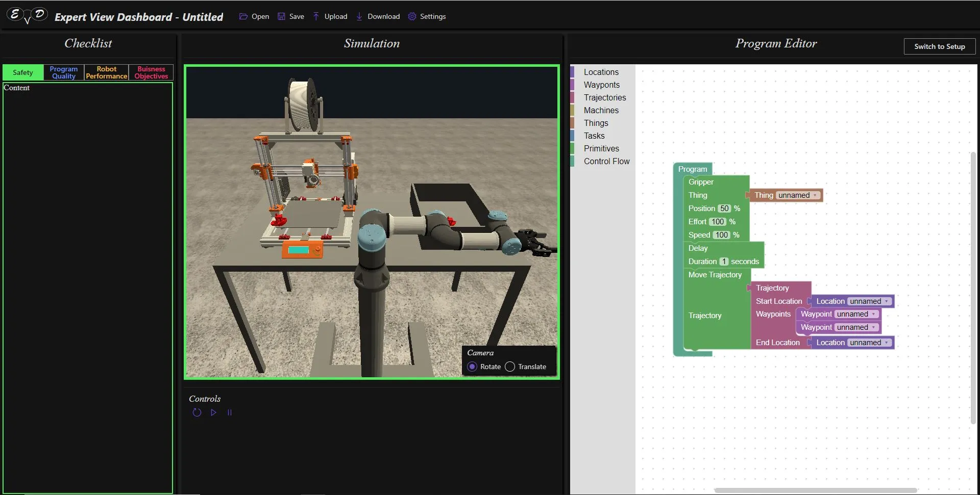 The Expert View Dashboard: checklist with four frame tabs, a simulated workcell with a 3D printer and cobot, and a Blockly-style program editor.
