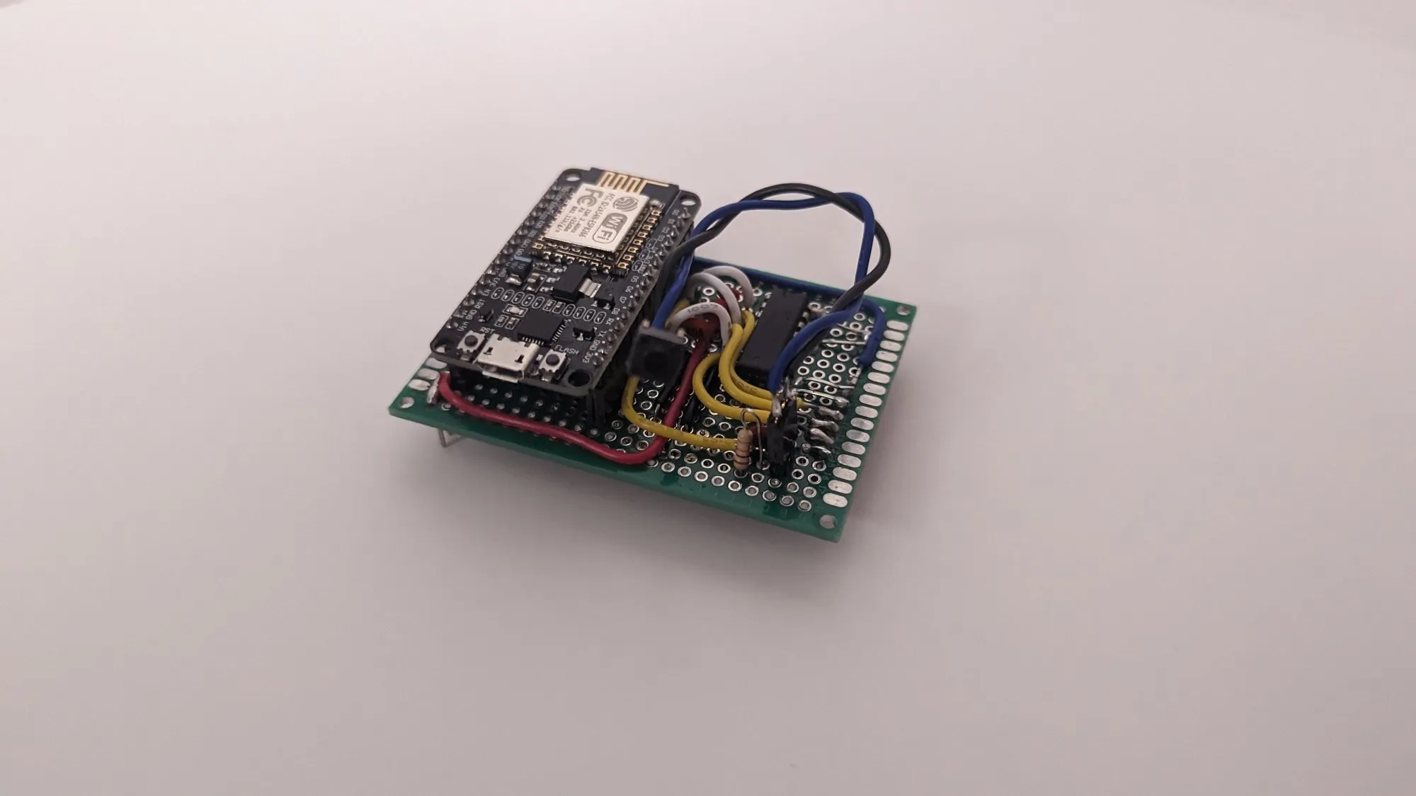 The full stack from above, the NodeMCU daughterboard seated on the base with the terminal blocks visible along the edge.