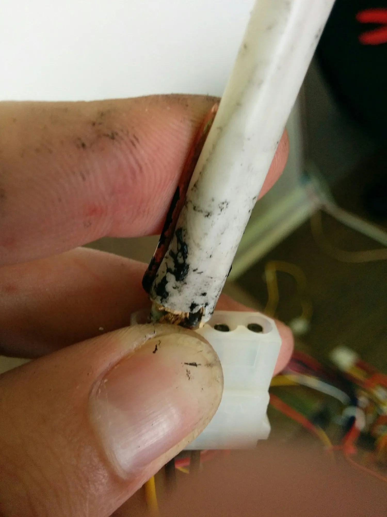 The end of an inherited LED strip held in two fingers, its four-pin connector grimy from electrical tape.