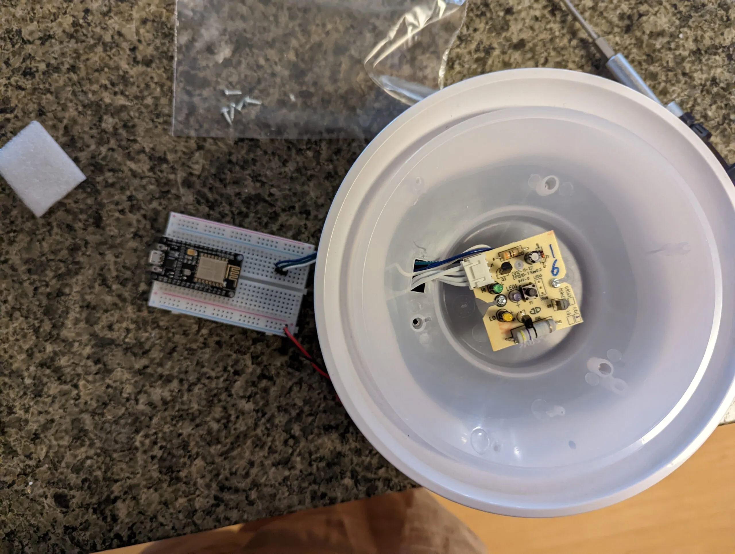 First bench hookup: a NodeMCU on a breadboard wired into the Koios control dome.
