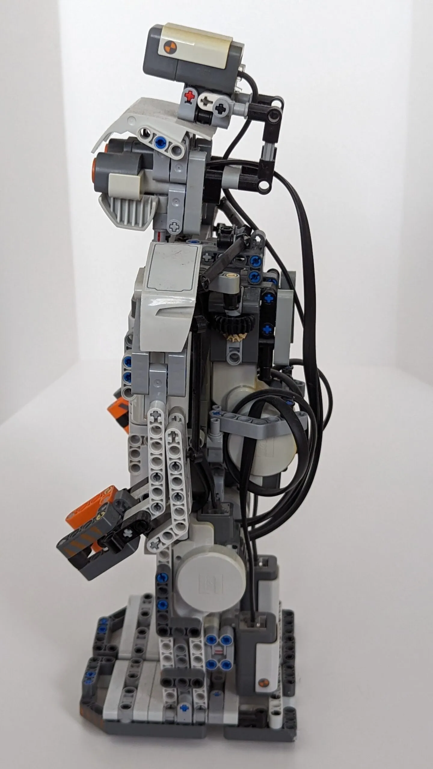 Beta Rex in profile: sensor head craned forward, claw hand at rest.