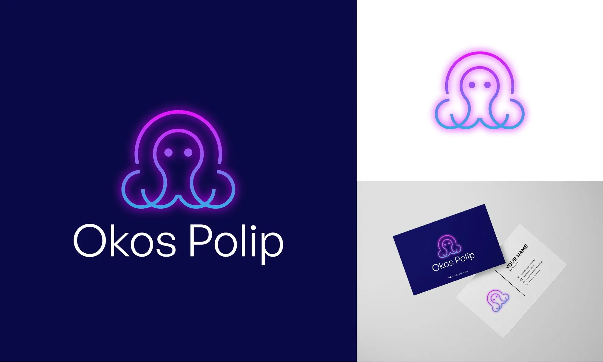 The Okos Polip brand sheet: the neon octopus mark and wordmark on navy, the mark alone on white, and a business card mockup.