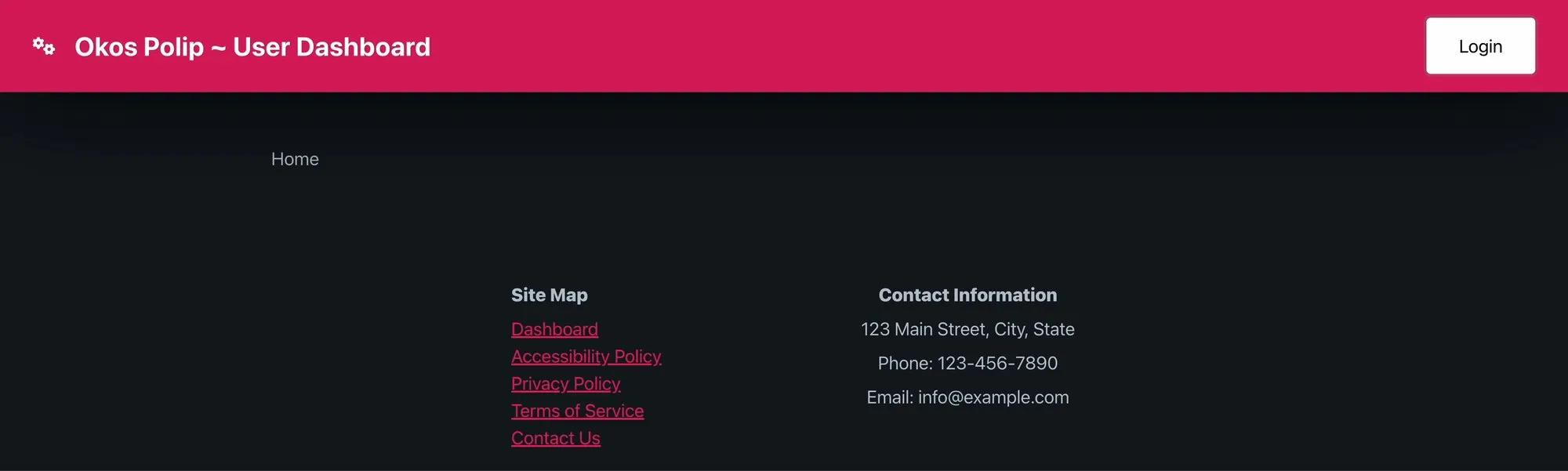 The Okos Polip user dashboard home page: a magenta header with a Login button, a Home heading, and a two-column footer with a site map and placeholder contact information.
