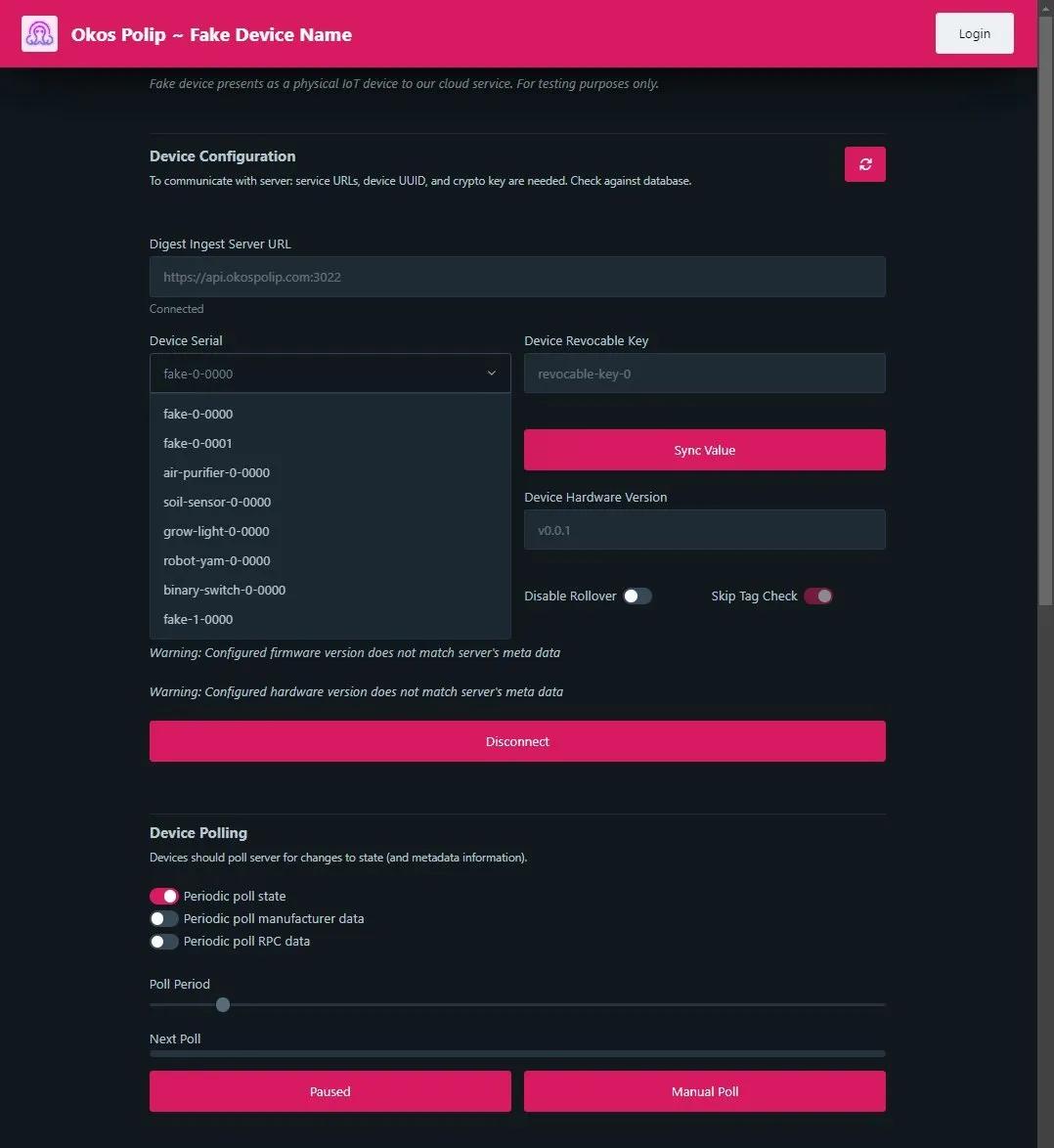 The fake device page with the octopus logo in the header and the device serial dropdown open, listing fake-0-0000, fake-0-0001, air-purifier-0-0000, soil-sensor-0-0000, grow-light-0-0000, robot-yam-0-0000, and binary-switch-0-0000.