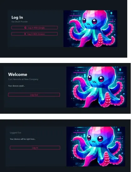 Three dark login pages stacked: Log In via OAuth provider with Google and Amazon buttons, Welcome with a Log Out button, and Logged Out with a Log In button, each with a cute low-poly cyan and magenta octopus on the right.