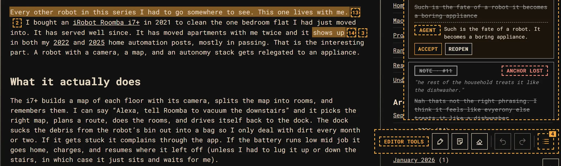 The same paragraph of the Roomba draft after the edits, with the ledger showing the Struck group: rows with the original note struck through, an Agent line under each saying what changed, an Anchor Lost flag on the ones whose sentence was replaced, and Accept and Reopen buttons.