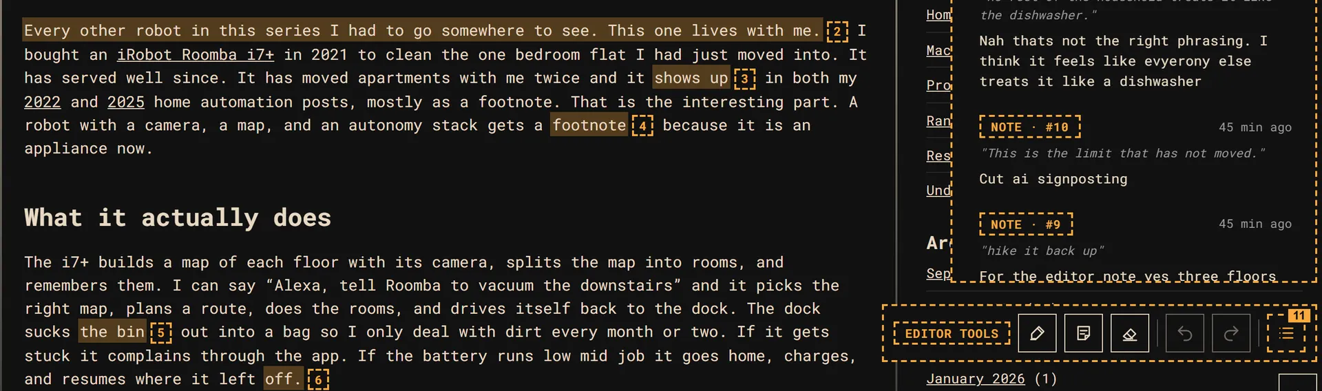 A paragraph of the Roomba draft on the dev server with amber highlights on three phrases, each followed by a small numbered pin, and the tickets ledger open in the sidebar listing the open notes.
