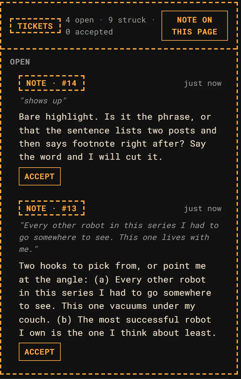 The tickets ledger on its own: a header reading 4 open, 9 struck, 0 accepted with a Note On This Page button, then the Open group with two agent notes each carrying an Accept button.