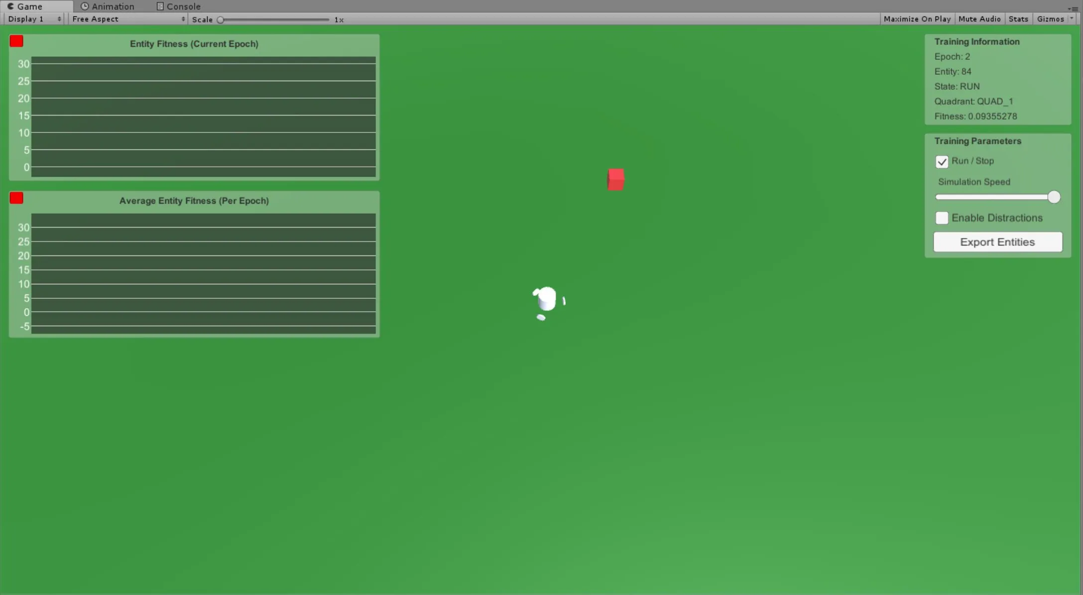 The Unity training scene: fitness graphs on the left, the spinbot agent chasing its red target, epoch and fitness readouts on the right.
