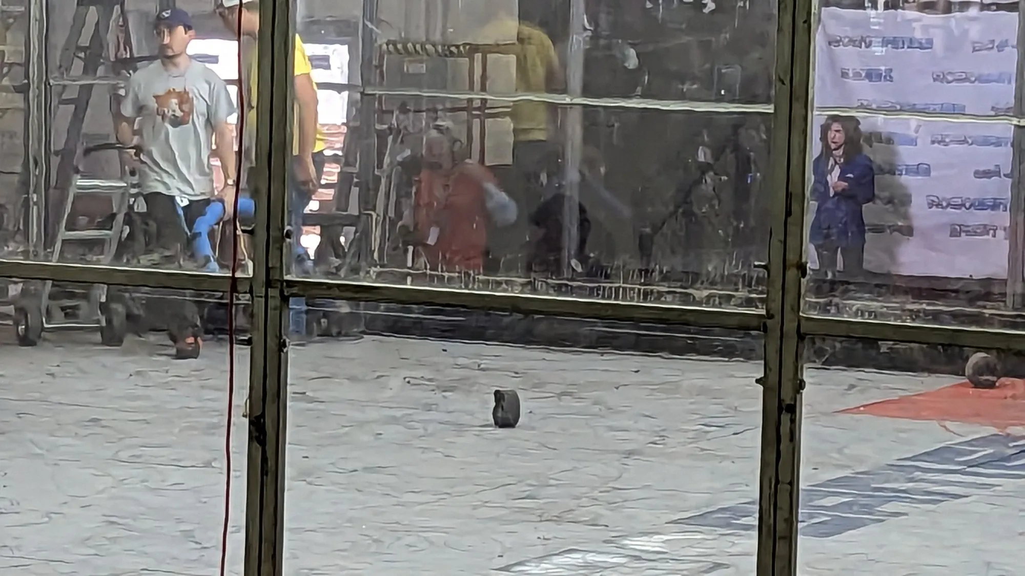 Looking through the arena wall at a lone robot wheel sitting on the scarred floor between rounds.